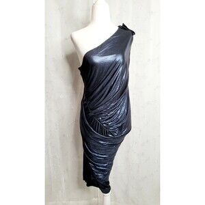Rachel Roy Blue Metallic Bodycon Draped One Shoulder Dress Silky Women's Large